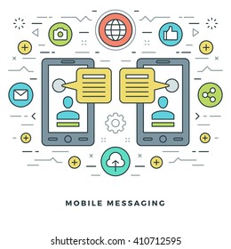 Flat line Mobile Messaging Social Network Concept Vector illustration. Modern thin linear stroke vector icons. Website Header Graphics, Banner, Infographics Design, Promotional Materials. Vector Icons