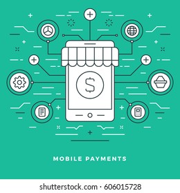Flat line Mobile Payments and Shopping Concept Vector illustration. Modern thin linear stroke vector icons. For Website Graphics, Infographics Design, Promotional Materials.