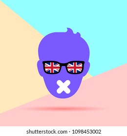 Flat Line modern art design graphic image of Flat Male face with glasses with British flag and sticky tape on his mouth icon on pink and blue background. freedom of speech censorship concept