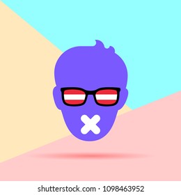 Flat Line modern art design graphic image of Flat Male face with glasses with Austrian flag and sticky tape on his mouth icon on pink and blue background. freedom of speech censorship concept
