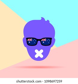 Flat Line modern art design graphic image of Flat Male face with glasses with Australian flag and sticky tape on his mouth icon on pink and blue background. freedom of speech censorship concept