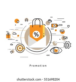 Flat line modern corporate business vector illustration design and infographic elements for shopping, e-commerce, m-commerce services, digital promotion, discounts, sale, internet and online shopping