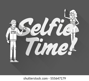 Flat line modern fashion street style young man and woman character concept. Teenage guy, beautiful girl with phone in hand made selfie. Big text "Selfie Time!" place in composition on background