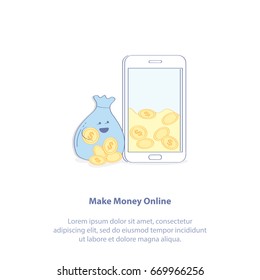 Flat line modern icon concept of Online Business: Earn Money Online, Mobile Affiliate Marketing or Traffic Monetization. Smiley Bag with money and full of money smartphone. Vector illustration.