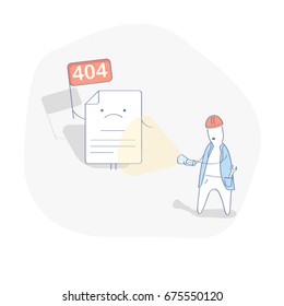 Flat line modern illustration concept of 404 error page or not found page. 404 creative concept with upset page and the man with a flashlight. Isolated vector illustration.