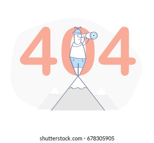 Flat line modern illustration concept of 404 page, Page not found, Error 404. The man stands on the mountain and looks in a telescope, 404 on the background. Isolated vector.