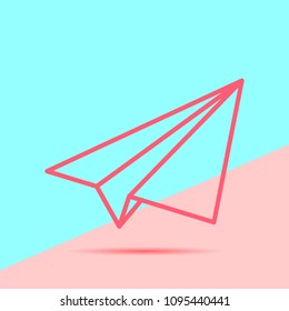 Flat Line modern pastel colored paper plane icon with shadow on pink and blue background
