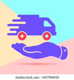 Flat Line modern pastel colored art design graphic image concept of flat hand presenting delivery truck icon on pink and blue background