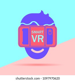 Flat Line modern pastel colored art design graphic image concept of man head in virtual reality glasses on pink and blue background. Smartphone VR concept image