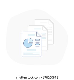 Flat line modern ux illustration element of Replication, Copy file, Duplicate. Copies of Documents with charts and diagrams, flat line vector icon with a pie chart. Isolated trendy symbol.