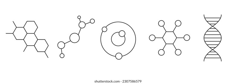 Conjunto de iconos de molécula de línea plana. Ciencia química, estructura molecular, laboratorio de química, ilustración vectorial de células de ADN.