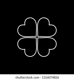 Flat line monochrome clover leaf sign for web sites and apps. Minimal simple black and white clover leaf sign. Isolated vector white clover leaf sign on black background.
