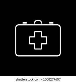 Flat line monochrome first aid kit symbol for web sites and apps. Minimal simple black and white first aid kit symbol. Isolated vector white first aid kit symbol on black background.