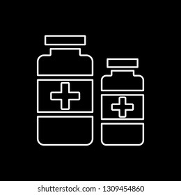 Flat line monochrome medicine bottles sign for web sites and apps. Minimal simple black and white medicine bottles sign. Isolated vector white medicine bottles sign on black background.