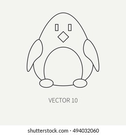 Flat line monochrome vector icon with cute animal for baby products - penguin. Cartoon style. Children doodle. Babyhood. Newborn. Vector illustration and element for your design, wallpaper. Kids. Toy.