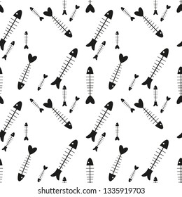 Flat line monochrome vector seamless pattern ocean fish bone, skeleton. Simplified retro. Childish cartoon style. Skull. Sea doodle art. Background. Illustration, element for your design, wallpaper.