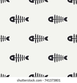 Flat line monochrome vector seamless pattern ocean fish bone, skeleton. Simplified retro. Childish cartoon style. Skull. Sea doodle art. Background. Illustration, element for your design, wallpaper.