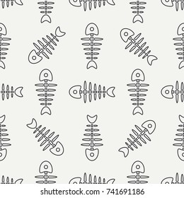 Flat line monochrome vector seamless pattern ocean fish bone, skeleton. Simplified retro. Childish cartoon style. Skull. Sea doodle art. Background. Illustration, element for your design, wallpaper.
