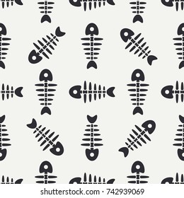 Flat line monochrome vector seamless pattern ocean fish bone, skeleton. Simplified retro. Childish cartoon style. Skull. Sea doodle art. Background. Illustration, element for your design, wallpaper.
