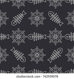 Flat line monochrome vector seamless pattern ocean fish bone, skeleton with steering wheel. Retro cartoon style. Skull. Nautical doodle art. Background. Illustration element for your design, wallpaper