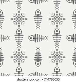Flat line monochrome vector seamless pattern ocean fish bone, skeleton with steering wheel. Retro cartoon style. Skull. Nautical doodle art. Background. Illustration element for your design, wallpaper