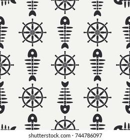 Flat line monochrome vector seamless pattern ocean fish bone, skeleton with steering wheel. Retro cartoon style. Skull. Nautical doodle art. Background. Illustration element for your design, wallpaper