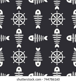 Flat line monochrome vector seamless pattern ocean fish bone, skeleton with steering wheel. Retro cartoon style. Skull. Nautical doodle art. Background. Illustration element for your design, wallpaper