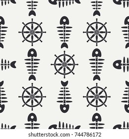 Flat line monochrome vector seamless pattern ocean fish bone, skeleton with steering wheel. Retro cartoon style. Skull. Nautical doodle art. Background. Illustration element for your design, wallpaper