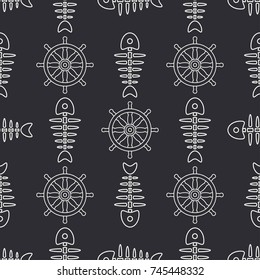 Flat line monochrome vector seamless pattern ocean fish bone, skeleton with steering wheel. Retro cartoon style. Skull. Nautical doodle art. Background. Illustration element for your design, wallpaper