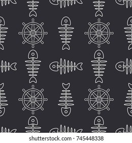 Flat line monochrome vector seamless pattern ocean fish bone, skeleton with steering wheel. Retro cartoon style. Skull. Nautical doodle art. Background. Illustration element for your design, wallpaper