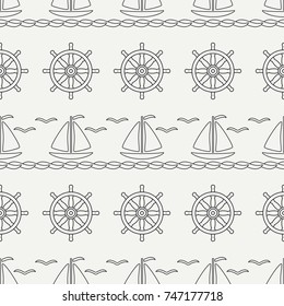 Flat line monochrome vector seamless pattern ocean boat, sail, steering wheel. Cartoon retro style. Regatta. Seagull. Summer vacation. Yacht. Nautical. Illustration, element for your design wallpaper