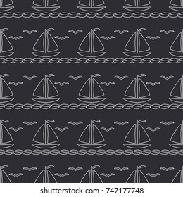 Flat line monochrome vector seamless pattern ocean boat with sail. Simplified retro. Cartoon style. Regatta. Seagull. Summer vacation. Yacht. Nautical. Illustration, element for your design wallpaper.