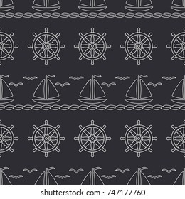 Flat line monochrome vector seamless pattern ocean boat, sail, steering wheel. Cartoon retro style. Regatta. Seagull. Summer vacation. Yacht. Nautical. Illustration, element for your design wallpaper
