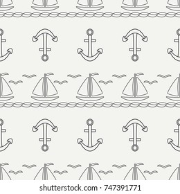 Flat line monochrome vector seamless pattern ocean boat, sail, anchor. Cartoon retro style. Regatta. Seagull. Summer vacation journey. Yacht. Nautical. Illustration, element for your design wallpaper