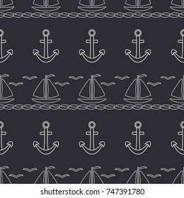 Flat line monochrome vector seamless pattern ocean boat, sail, anchor. Cartoon retro style. Regatta. Seagull. Summer vacation journey. Yacht. Nautical. Illustration, element for your design wallpaper