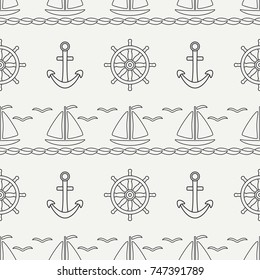 Flat line monochrome vector seamless pattern ocean boat, sail, steering wheel, anchor. Cartoon retro style. Regatta. Seagull. Summer vacation. Yacht. Illustration, element for your design wallpaper