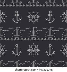 Flat line monochrome vector seamless pattern ocean boat, sail, steering wheel, anchor. Cartoon retro style. Regatta. Seagull. Summer vacation. Yacht. Illustration, element for your design wallpaper