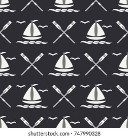 Flat line monochrome vector seamless pattern ocean boat, sail, paddle. Cartoon retro style. Regatta. Seagull. Summer vacation journey. Yacht. Nautical. Illustration, element for your design wallpaper