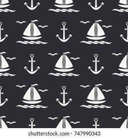 Flat line monochrome vector seamless pattern ocean boat, sail, anchor. Cartoon retro style. Regatta. Seagull. Summer vacation journey. Yacht. Nautical. Illustration, element for your design wallpaper