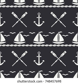 Flat line monochrome vector seamless pattern ocean boat, sail, paddle, anchor. Cartoon retro style. Regatta. Seagull. Summer vacation. Yacht. Nautical. Illustration element for your design wallpaper