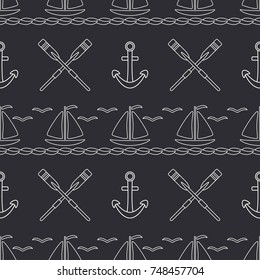 Flat line monochrome vector seamless pattern ocean boat, sail, paddle, anchor. Cartoon retro style. Regatta. Seagull. Summer vacation. Yacht. Nautical. Illustration element for your design wallpaper