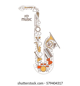 Flat line music icon set in saxophone shape. Vector concept. Modern illustration. Vintage background design. Retro creative sound cover. Musical instrument collection.
