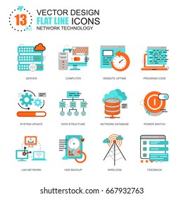 Flat line network technology icons concepts set for website and mobile site and apps. Database server connection, cloud computing. New style flat simple pictogram pack. Vector illustration.