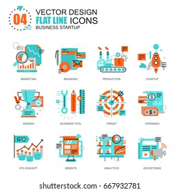 Flat line new business launch icons concepts set for website and mobile site and apps. Startup development, market research. New style flat simple pictogram pack. Vector illustration.