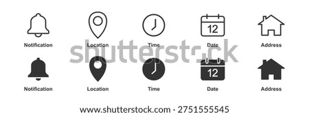 Flat and Line Notification, location, date, time, and address icon set