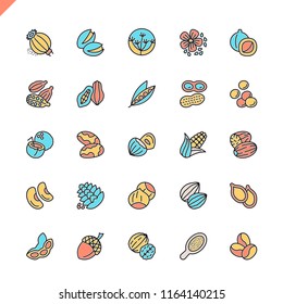 Flat line nuts, seeds and beans elements icons set for website and mobile site and apps. Outline icons design. 48x48 Pixel Perfect. Linear pictogram pack. Vector illustration.