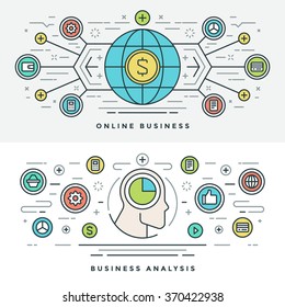 Flat line Online Business Analysis Concept Vector illustration. Modern thin linear stroke vector icons. Website Header Graphics, Banner, Infographics Design, Promotional Materials. Money Icons.