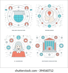 Flat line Online Education, Knowledge, E-learning Concepts Set Vector illustrations. Modern thin linear stroke vector icons. Website Header Graphics, Banner, Infographics. 