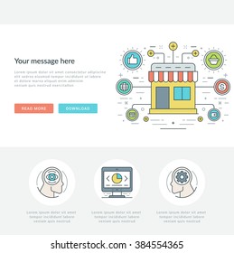 Flat line Online Shopping Concept Vector illustration. Modern thin linear stroke vector icons. For website graphics, Mobile Apps, Web Page Layout design. Vector Icons.