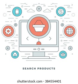 Flat line Online Shopping and E-Commerce. Vector illustration. Modern thin linear stroke vector icons. Website Graphics, Banner, Infographics Design, Promotional Materials. Vector Icons.